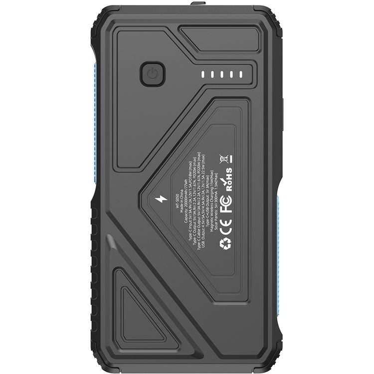 Powerology 20000mAh Solar Wireless Charging Power Bank with Simultaneous Charging, Multi-Mode Flashlight, 0% - 65% Charging in 35 Minutes, 70mm Cable Length - Black
