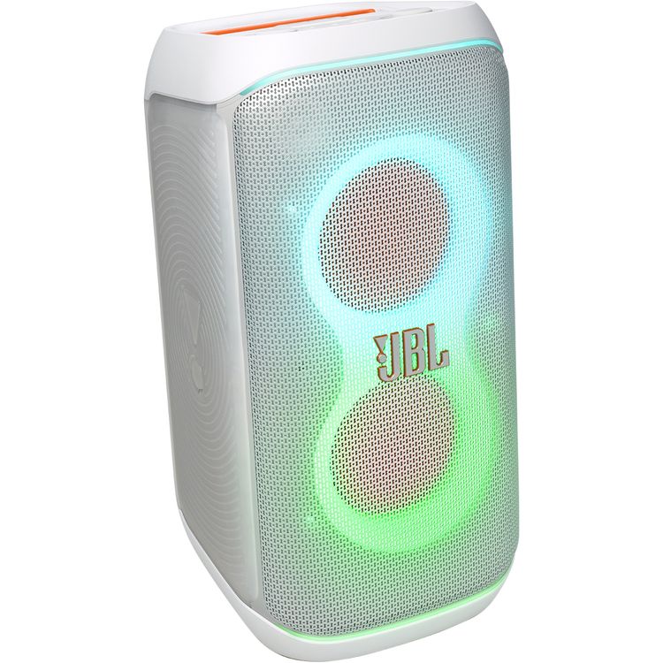 JBL PartyBox Club 120 Bluetooth Speaker, 12 Hours Play Time, Futuristic Lightshow, Foldable Handle, Splash Proof, Dual Mic & Guitar Inputs, Bluetooth Version 5.3 - White