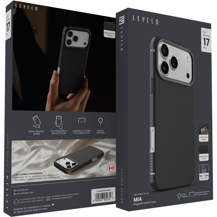 Levelo Mia MagSafe Hybrid Case for iPhone 17 Pro, N52 Strong Magnets, Matte Silicone Texture Material, Frosted Clear Design, 1.5m Drop Tested, Aluminum Alloy Frame for Camera & Edges, Non-Slip Texture, Comfortable Grip, Shock-Resistant Bumper - Phantom Black