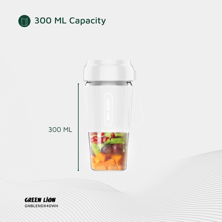 Green Lion G-Blend X Portable Juicer with 300mL Capacity, 1500mAh Battery Capacity, PC Jar Material, Stainless Steel Blade Material, Type-C Charging Port, 3-4 Hours Charging Time - White