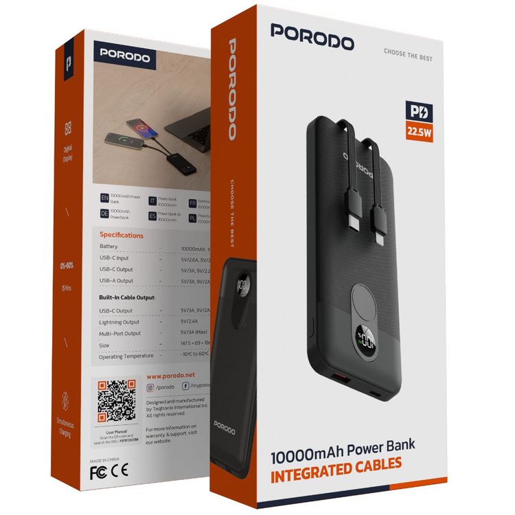بورودو بطارية متنقلة بقدرة 10000 مللي أمبير مع كابل مدمج من نوع Type-C وLightning، توصيل طاقة بقوة 22.5 واط، شحن متزامن، شحن من 0% إلى 60% في 35 دقيقة، عرض رقمي - لون أسود