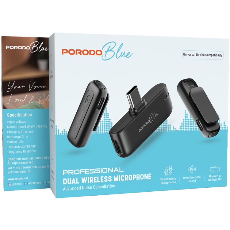 Porodo Blue Professionall Dual Wireless Microphone with Advanced Noise Cancellation, Smart Plug & Play Audio, Omnidirectional, Long-Distance Transmission, Instant Auto-Pairing, Universal Device Compatibility - Black