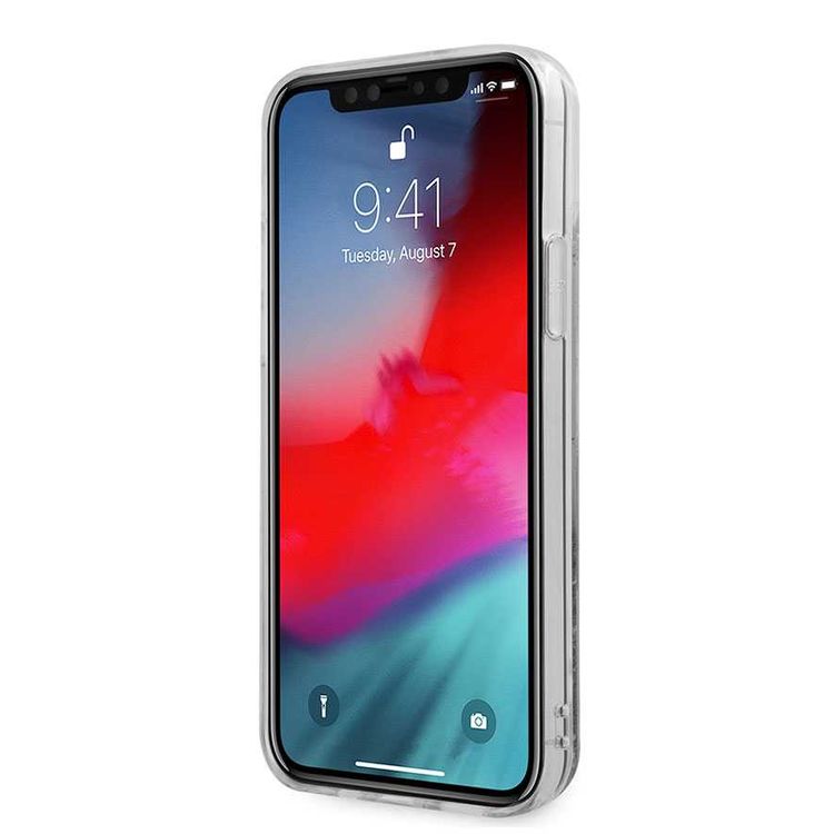 CG MOBILE Guess Liquid Glitter Script Hard Phone Case Compatible for iPhone 12 Pro Max (6.7") Shock Resistant Mobile Case Officially Licensed - Vintage Blue