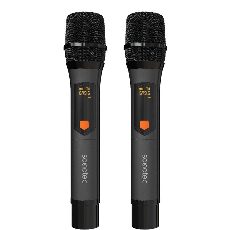 Porodo Soundtec Duo Aluminum Rechargeable Wireless Microphone with Digital Display, High-Quality Sound, 2 Channels, Unidirectional Polar Pattern, DSP Regulating Methods, 25 Meters Receiving Distance - Black