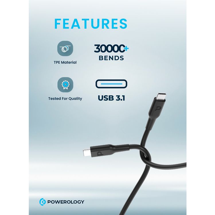 Powerology Type-C to Type-C PD Cable, Fast Data Sync & Charging, Fire Resistant TPE Material, Super Durable, 2m in Length, Overheat & Overcurrent Protection - Black