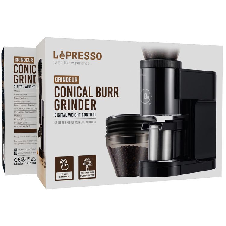 LePresso Precision Conical Burr Grinder with Digital Weight Control, Touch Display, 150W DC Motor Rated Power, 220-240V Rated Voltage, 50/60Hz Rated Frequency, 400g Bean Hopper Capacity, 90g Ground Coffee Cup Capacity, 3-Pin UK Plug, ABS & 304 Stainless Steel Materials - Black