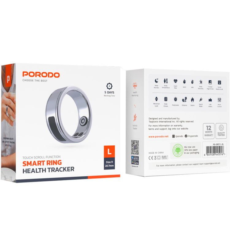 Porodo Wearable Smart Ring Size 11 with Touch Function, Anti-Bacterial Stainless Steel, Lithium Polymer Battery, 4.5g, 16mAh, 4-6 Days Working Time, IP68 Waterproof Rating, Compatible with OS Android 5.0+, iOS9.0+ - Silver