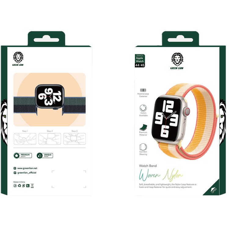 Green Lion Nylon Sport Loop Watch Strap for Apple Watch 44/45mm, Hook & Loop Fastener, Quick & Easy Adjustment, Comfortable Fit, Breathable & Lightweight - Beige / White