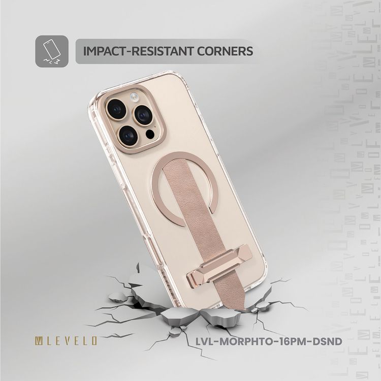 Levelo Morphix Trio Case for iPhone 16 Pro Max with Built-in Kickstand, Metal Camera Edge, MagSafe Compatible, Impact-Resistant Corners, Grip Strap & Metal Hook, Anti Yellowing - Desert Sand