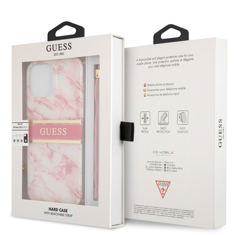 CG MOBILE Guess PC/TPU Case Marble Design & Stripe with Anti-Lost Nylon Strap for iPhone 13 Pro Max (6.7") Suitable with Wireless Charging Officially Licensed - Pink