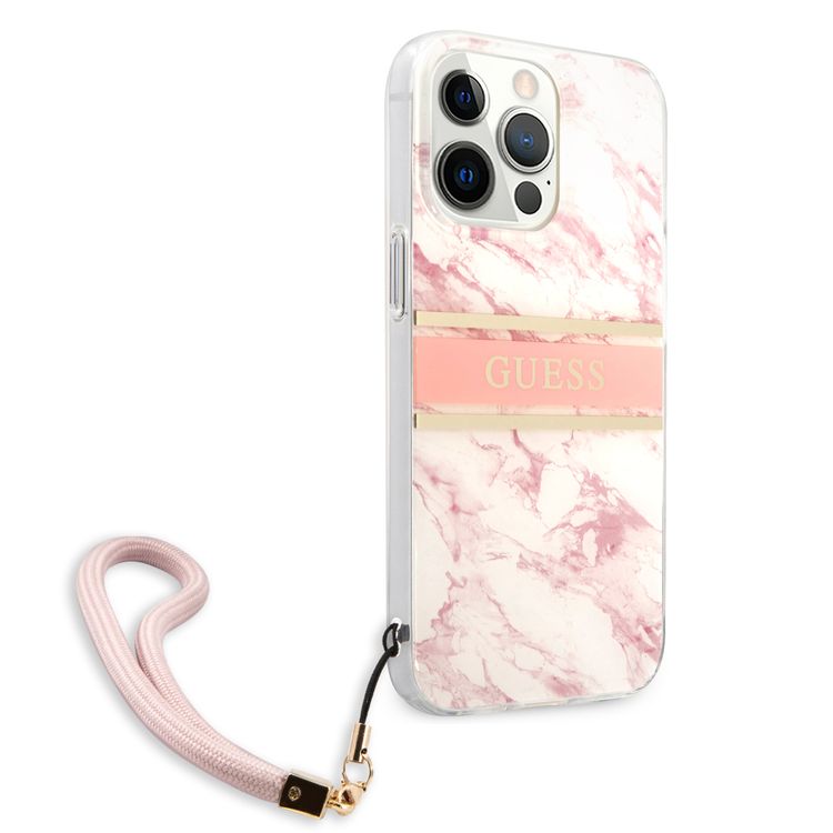CG MOBILE Guess PC/TPU Case Marble Design & Stripe with Anti-Lost Nylon Strap for iPhone 13 Pro (6.1") Back Cover Suitable with Wireless Chargers Officially Licensed Pink