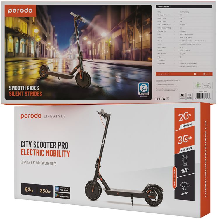 Porodo Lifestyle Electric City Scooter Pro with Integrated Phone Mount & Helmet, Up to 30km/h Speed, 80kg Load Capacity, 8.5" Wheelbase, 12° Incline, Front Electronic Brakes & Rear Disc Brakes, Front LED Headlight & Tail Light - Black