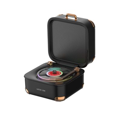 Green Lion Gramo Vinyl Wireless Speaker with 7-Color Ambient Light, Rotating Vinyl Disc, TF Card Playback, Dual-Speaker Wireless Sync, Hands-Free Call, HiFi Sound Quality, Suitcase-Style Foldable Design, Classic Knob Volume Control, Fast & Stable Wireless Connection, Multi-Playback Mode - Black