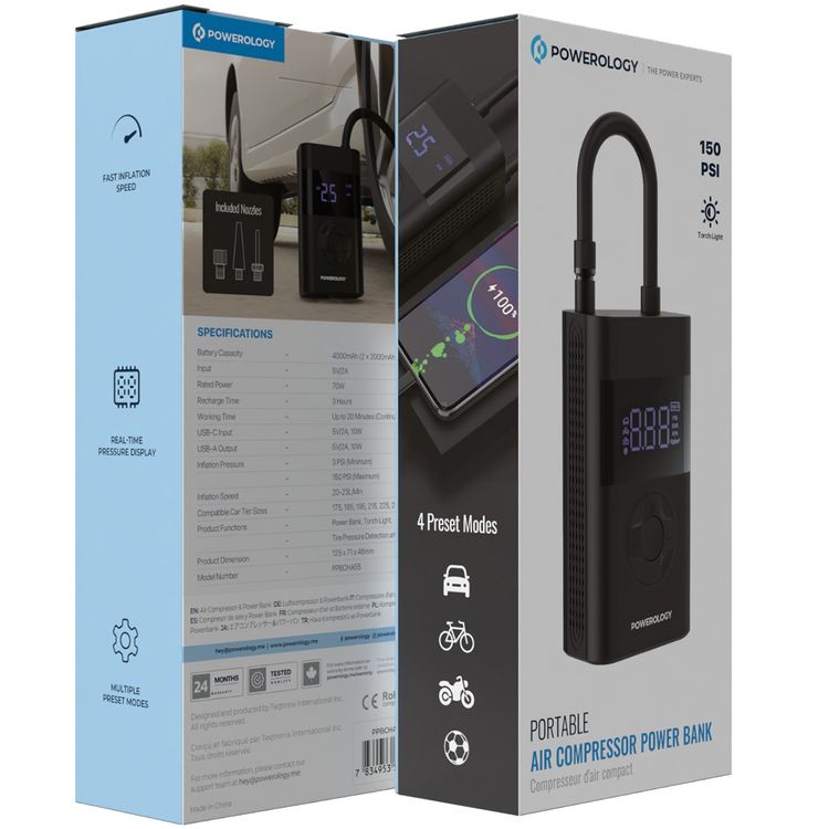 Powerology PPO55 Ultra Portable Air Compressor Powerbank, 4000mAh, 70W, 20 minutes Continuous Inflation, 20-23L/Min - Black 