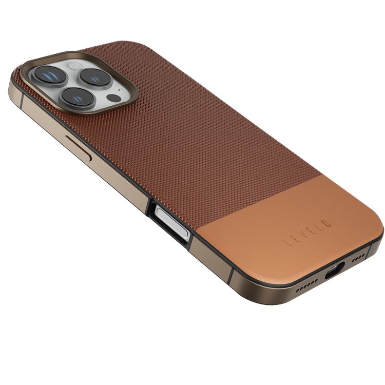 Levelo Cuir Two Tone Leather Case For iPhone 16 Pro, Durable, Compact Design, MagSafe Compatible, Hybrid Case, Impact-Resistant Corners , Aluminum Bumper Finish, High Quality Material - Rose Gold Titanium