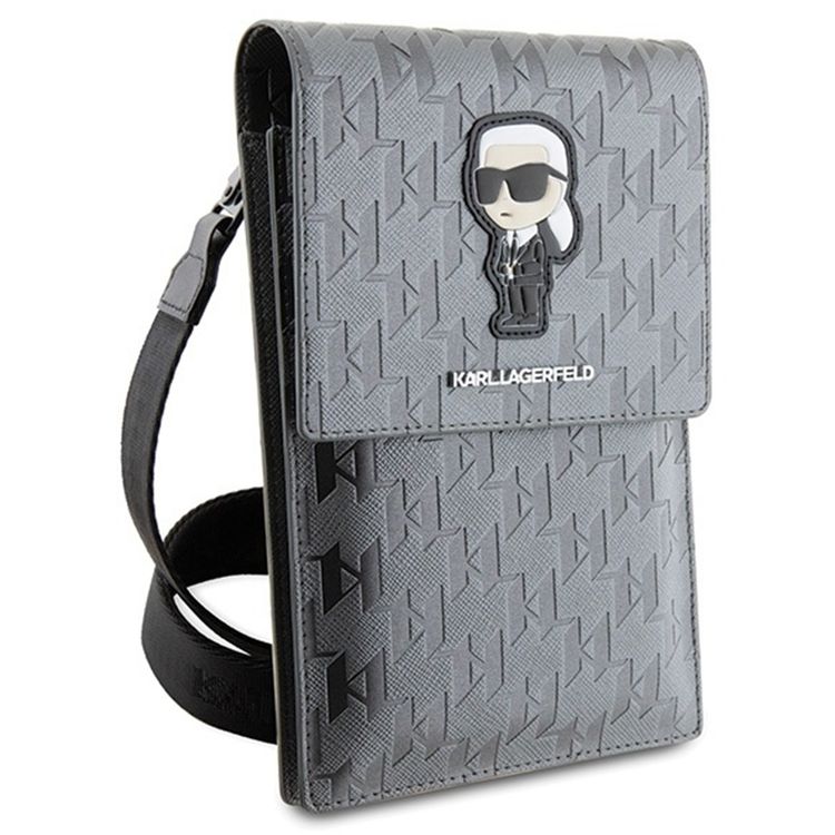 Karl Lagerfeld Saffiano Mono Ikonik Wallet with NFT Logo, Adjustable Shoulder Strap, Multiple Compartments, 3 Card Slots, Water Resistant - Silver