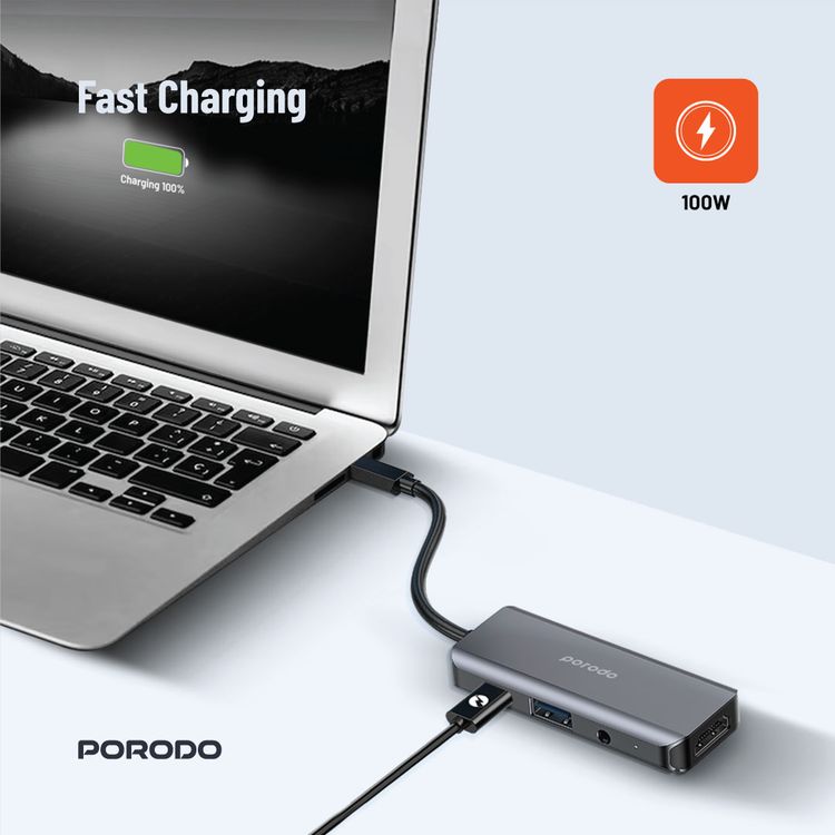 Porodo 4in1 USB-C Hub Type-C PD 100W HDMI USB 3.5mm Aux