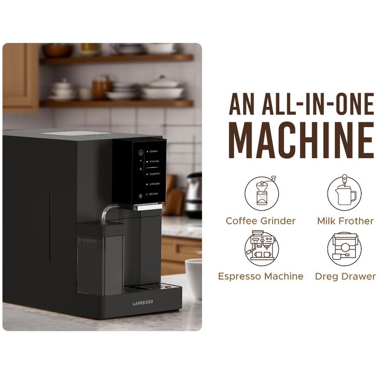 LePresso Automatic Coffee Machine with Mobile Application, 1200mL Water Tank & 300mL Milk Tank Capacity, 1480W Rated Power, Adjustable Grinder, Dual-Boiler, 4.3" Digital Display - Black