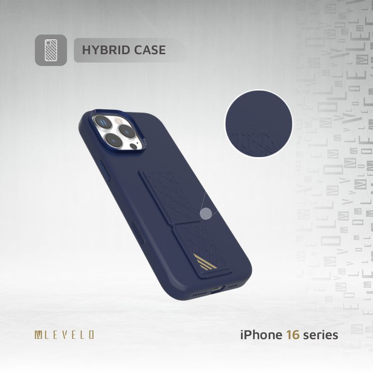 كفر حماية سيليكون Levelo Morphix مع قبضة جلدية لهاتف iPhone 16 Pro Max، حلقة معدنية للكاميرا، حامل متعدد الوظائف، زوايا مقاومة للصدمات، مواد فائقة المتانة - أزرق غامق