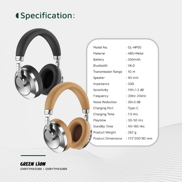 سماعات رأس لاسلكية Green Lion Rhythm X50 ANC مع 4 ميكروفونات، حتى 50 ساعة من وقت التشغيل، منفذ شحن USB-C، إصدار Bluetooth 6.0، نطاق نقل 10 أمتار، حجم مكبر الصوت 40 مم، بطارية بسعة 350 مللي أمبير، وسائد أذن مبطنة، تصميم قابل للطي - باللون البني