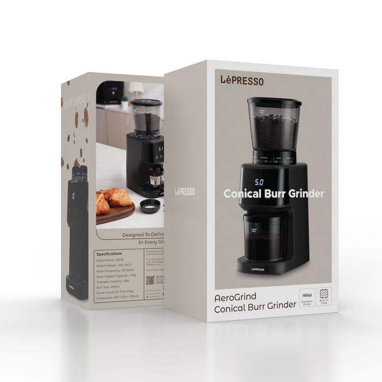 Lepresso Conical Burr Grinder, 275g Bean Hopper Capacity, 99g Chamber Capacity, 31 Grind Settings, User Friendly Interface, Timer Technology - Black
