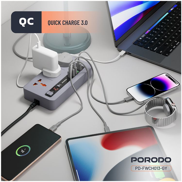 مجموعة بورودو المتكاملة للمنافذ المتعددة في المنزل والمكتب مع 4 منافذ USB-A و USB-C، بطول كابل 2 متر، حماية مدمجة، حماية من الحرارة الزائدة، شاشة LED - رمادي