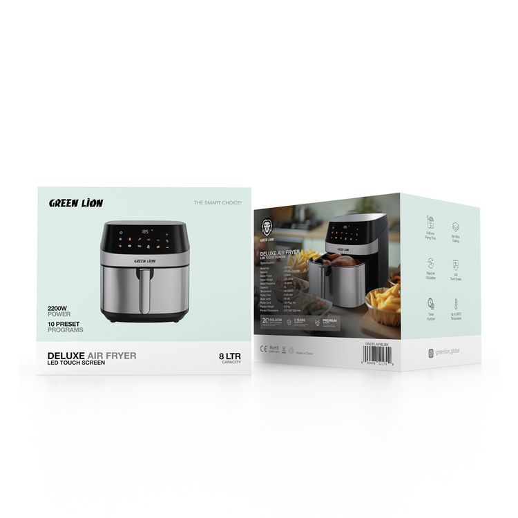 Green Lion Deluxe Air Fryer with LED Touch Screen, 8L Capacity, Up to 60 Minutes Frying Time, 10 Preset Programs, Rapid Air Circulation, 2200W Power, Non-Stick Coating - Black