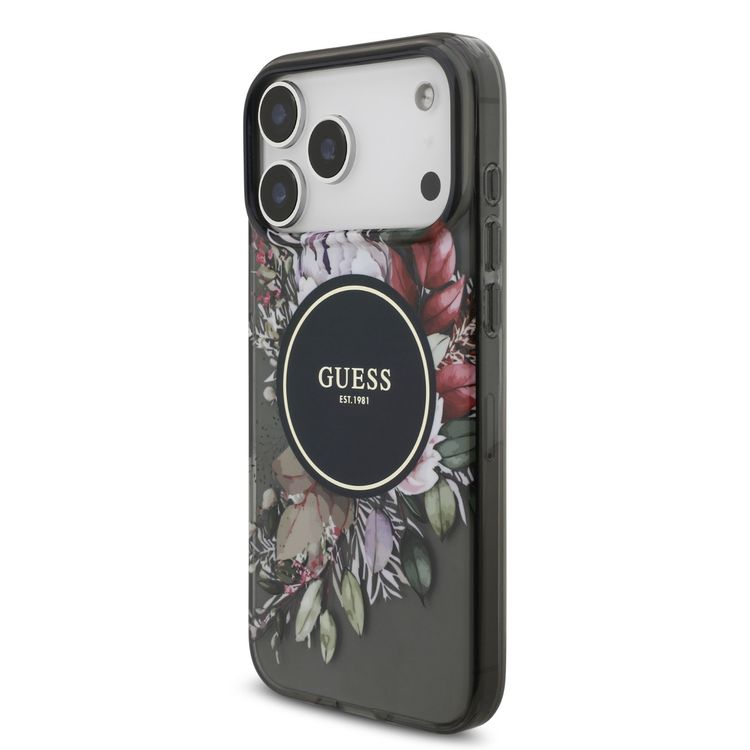 Guess MagSafe IML Case with Flowers Pattern & Lanyard for iPhone 17 Pro, Easy Snap-On, Sustainable Packaging, Comfortable Grip, Drop Protection, Slim & Lightweight Design - Black