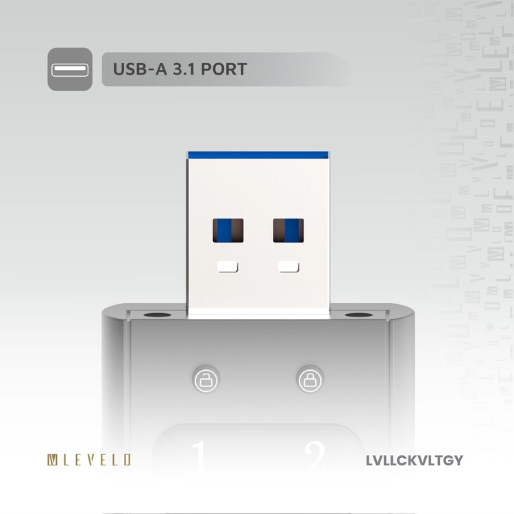 Levelo Lockvault Digital 128GB Encrypted USB Flash Drive with USB-A 3.1 Gen 1 Connector, 160MB/s Reading Speed, 120MB/s Writing Speed, AES256 Encryption Method - Gray