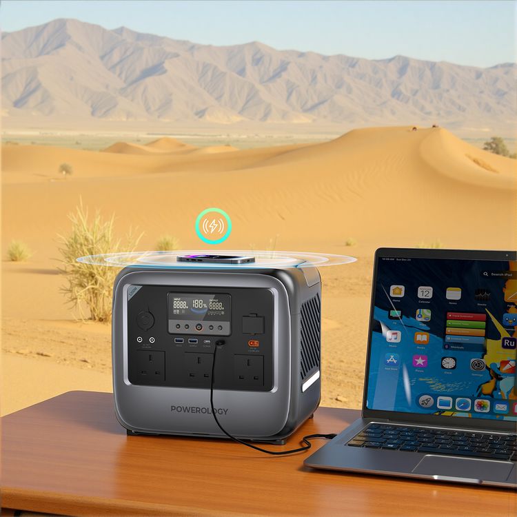 Powerology Pater III Portable Power Station with 1200W Rated Power, 2400W Peak Power, 945Wh Battery Capacity, 230V Voltage, Efficient 350W Max Solar Input, PD 100W Max USB-C Output, 15W Wireless Output, 120W Max Car Port Output, 3x AC Outlets, Power Monitoring Display, Built-in Safeguards - Gray