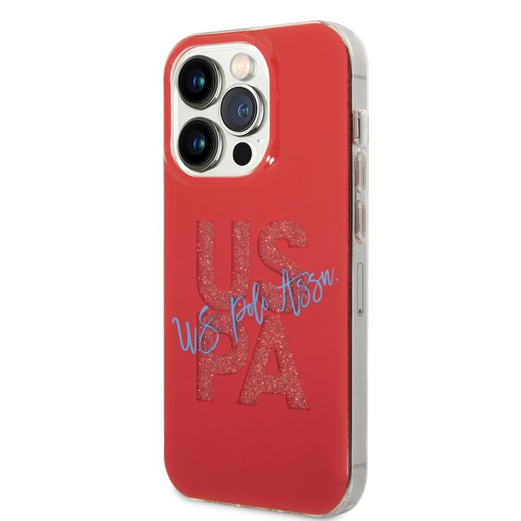 U.S.Polo Assn. IML Glitter Script Card Case for iPhone 15 Pro - Black - أحمر