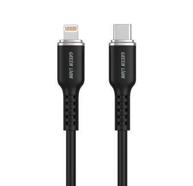 Green Lion USB-C to Lightning Silicone Cable 1m, 480Mbps Transfer Speed, 18W, Fast Charging & Sync, More than 10,000 Bends Life Span, Safe & Secure - Black