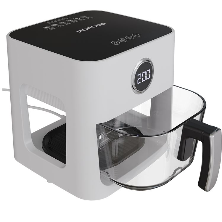 Porodo Lifestyle Glass Pot Air Fryer with 5L Capacity, Up to 60 Minutes Timer, 8 Presets, 360° Panoramic View, 1200W Rated Power, Food-Grade Glass Spot, Touch Panel - White