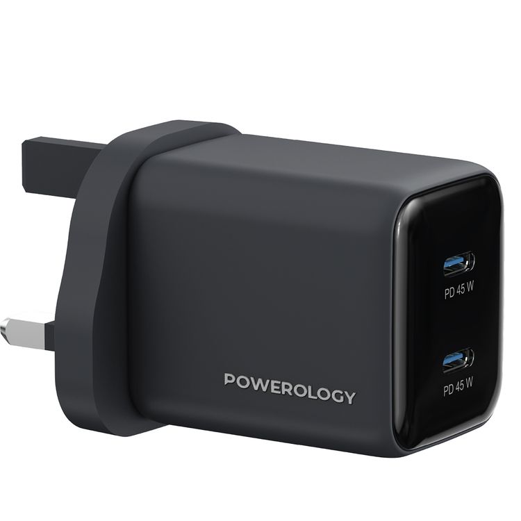 Powerology Volt-X 45W Dual USB-C Port GaN Wall Charger with Fast Charging Speed, USB-C Output Ports, USB-C to USB-C Cable Included, Wide Compatibility, Compact Travel Size, Universal Protocol Support - Black