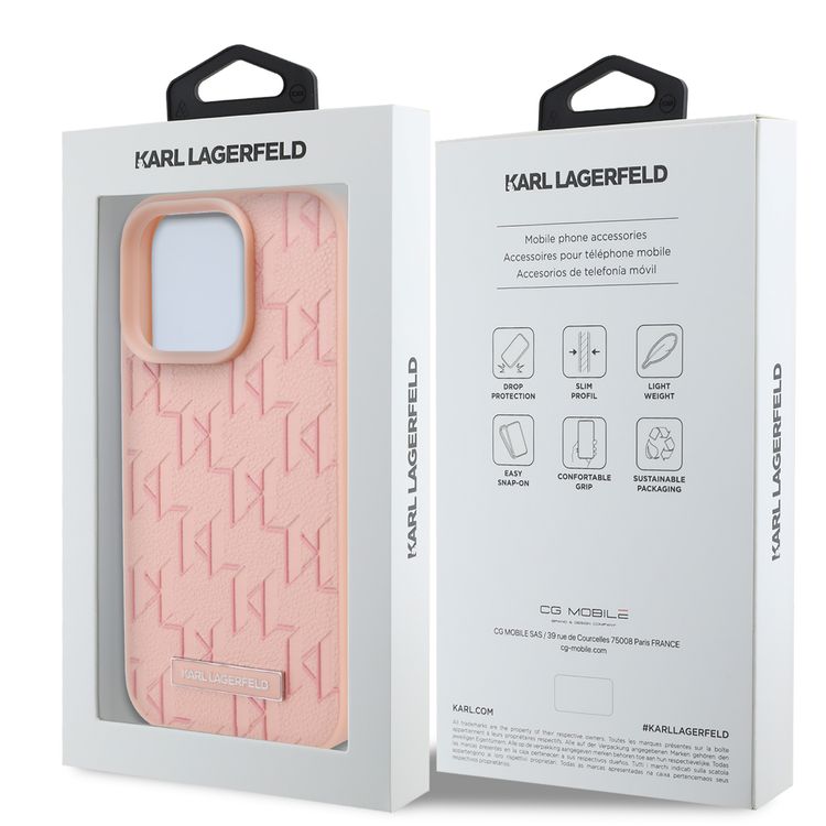 Karl Lagerfeld PU Hard Case for iPhone 16 Pro Max with Karl Lagerfeld Hot Stamp, Slim Profile, Lightweight, Sustainable Packaging, Comfortable Grip, Easy Snap-on  - Pink