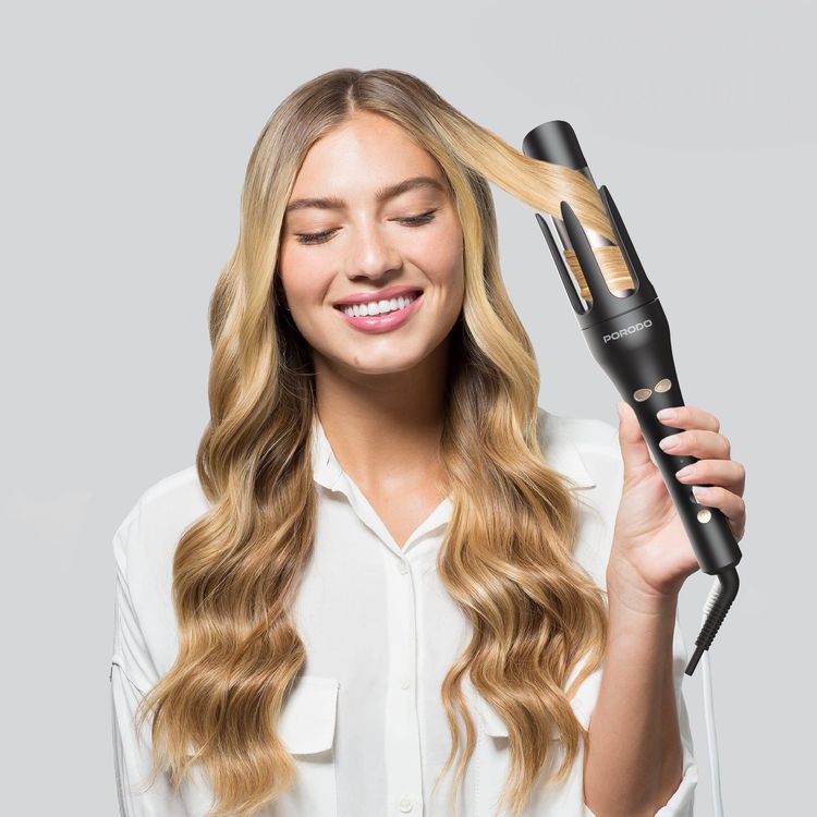 Porodo Automatic 2-in-1 Hair Styler with 3 Temperature Levels, Safety Auto Shutoff, 360° Swivel Cord, Automatic Rotating Technology, 1.8m Cord Length, UK 3-Pin Plug, 50W Power - Black 