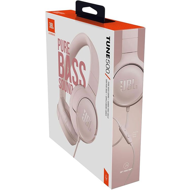 JBL TUNE 500 Wired On-Ear Headphones with Built-in Microphone, Pure Bass Sound, Lightweight and Foldable Design, 1-Button Remote/Mic - Pink