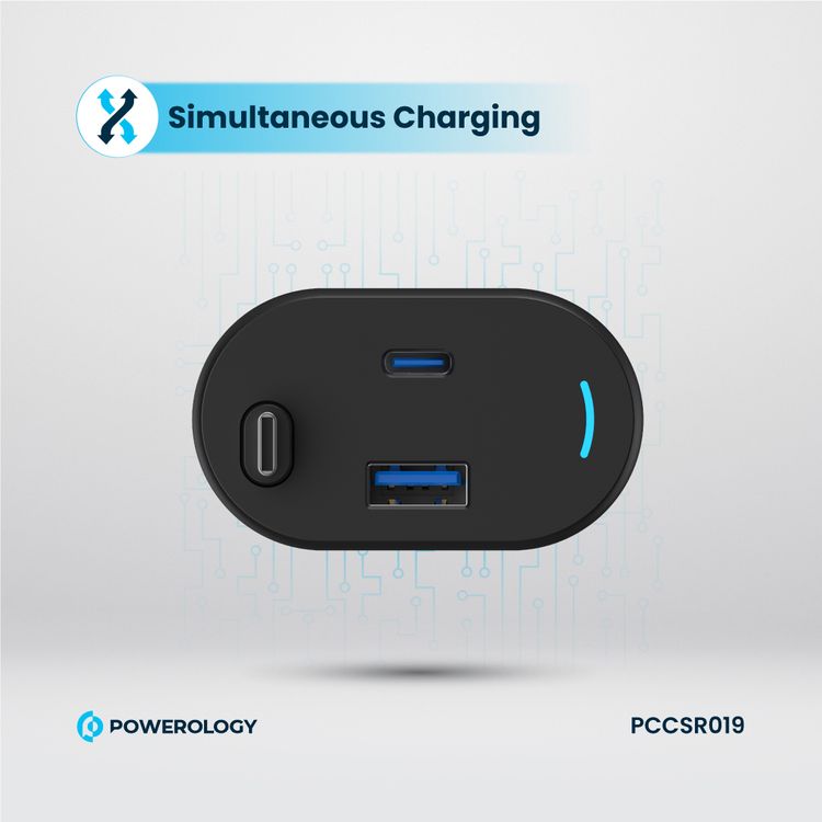 Powerology Retractable Car Charger with Simultaneous Charging, Built-In Safeguards, Patented Design, 1m Cable Length - Black 