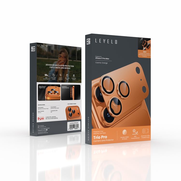 Levelo Trio Pro Max, Camera Lens Protector for iPhone 17 Pro Max, Anti-Glare Coating, Scratch Resistant, Ultra-Clear Glass, Oleophobic Coating, Double-Sided AR Glass, Detachable Camera Protector, 0.33mm Thickness - Orange