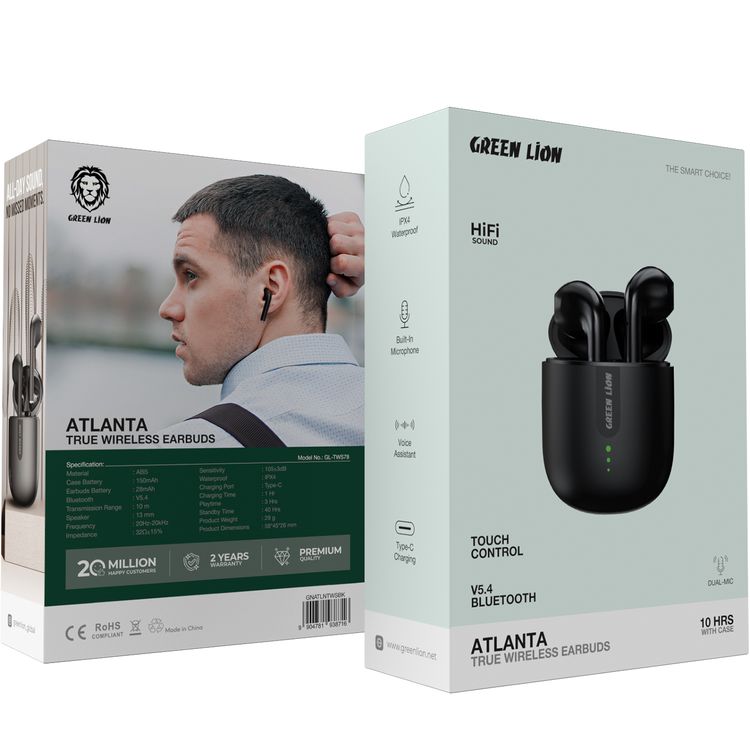 سماعات الأذن اللاسلكية الحقيقية من جرين لايون أتلانتا مع ميكروفون مدمج، مستوى مقاومة الماء IPX4، مساعد صوتي، صوت عالي الدقة، تحكم باللمس، 3 ساعات من وقت التشغيل - لون أسود