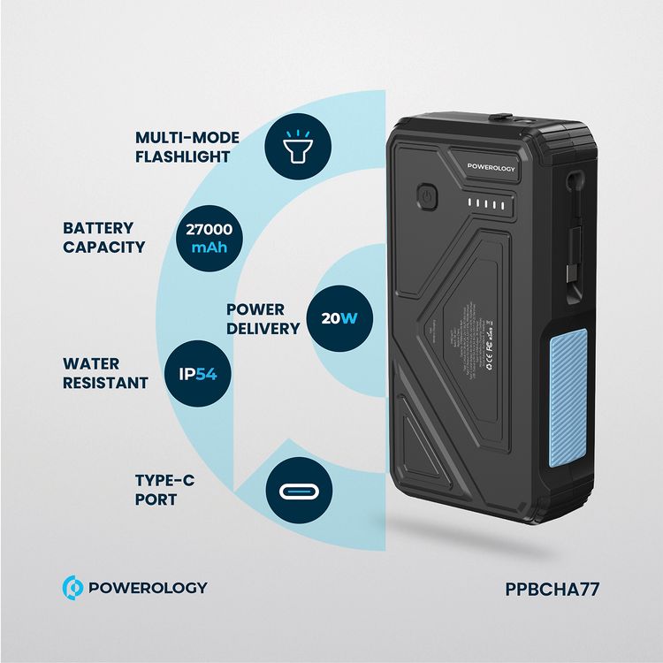 Powerology 27000mAh Solar Wireless Charging Power Bank with Simultaneous Charging, Multi-Mode Flashlight, 0% - 65% Charging in 35 Minutes, 70mm Cable Length - Black