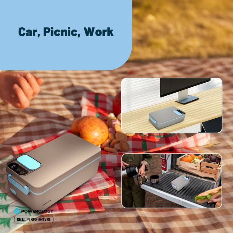 Powerology Lumo Portable Heated Lunch Box 4000mAh Battery, 1L Capacity, Smart Heating, Leakproof Design, Type-C Charging, Freshness Lock for 6 Hours, Insulated Bag – Grey / Blue