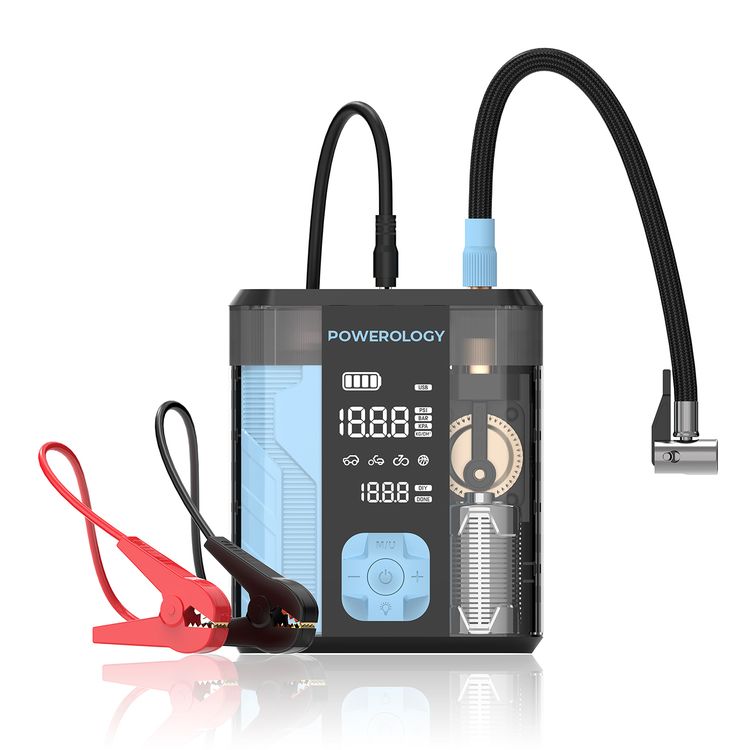 Powerology 3 in 1 Jump Starter & Tire Inflator with Digital Pressure Display, Fast PD Charging, Auto-Stop Inflation, 3-In-1 Power Utility, Smart Inflation System, 0.01-Bar Precision, 12000mAh Battery Capacity - Black/Blue
