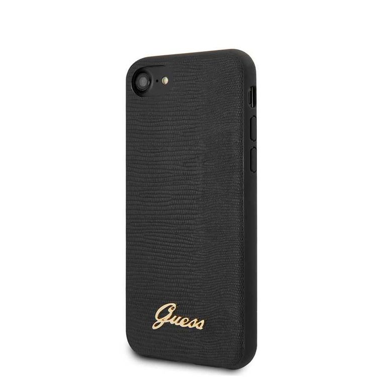 CG Mobile Guess PU Lizard Print Case with Metal Logo for iPhone 7/8/SE2 Officially Licensed, Shock & Scratch Resistant, Compatible with Wireless Chargers - Black