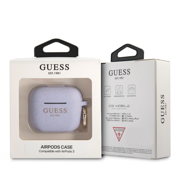 CG MOBILE Guess Silicone Glitter Case with Ring Compatible for AirPods 3, Scratch & Drop Resistant, Dustproof & Absorbing Protective Silicone Cover