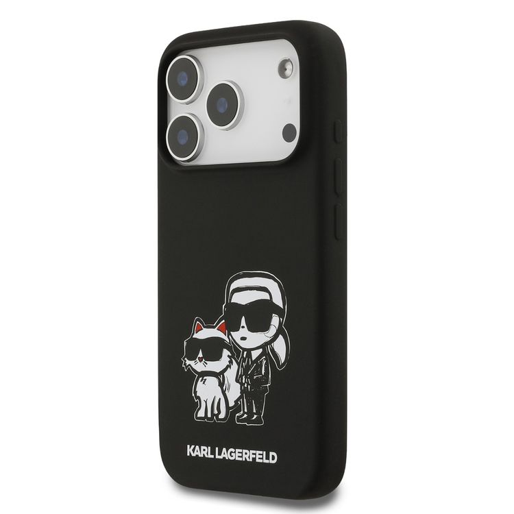 Karl Lagerfeld Liquid Silicone Case with Karl & Choupette Sketch for iPhone 17 Pro, Drop Protection, Slim Profile, Easy Snap-On, Sustainable Packaging, Comfortable Grip, Lightweight Design - Black