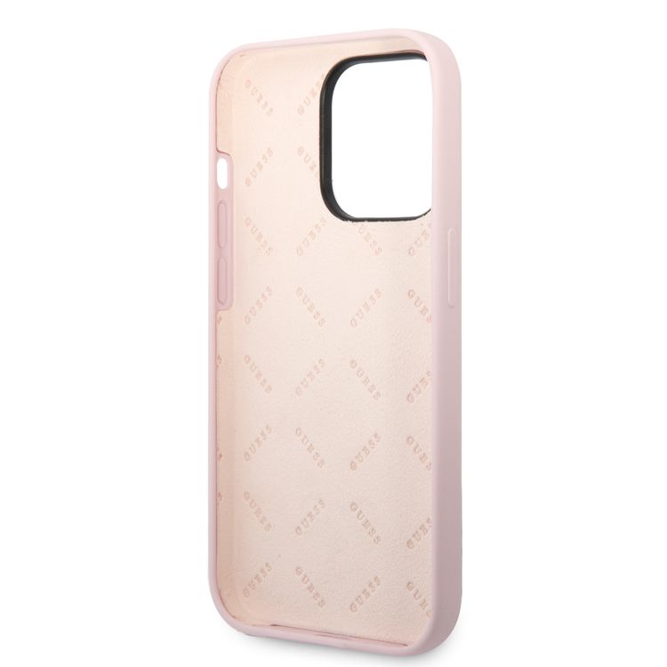 Guess Liquid Silicone Case with Shiny Line & Metal Triangle Tone Logo iPhone 14 Pro Compatibility - Purple