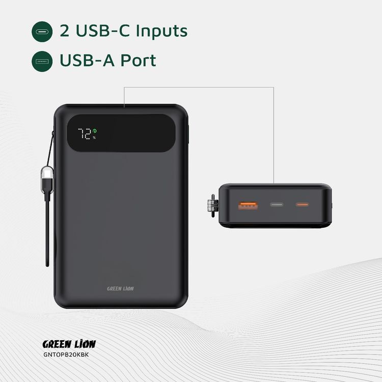باور بانك جرين ليون توليدو بقوة 10000 مللي أمبير PD 20W مع حزام كابل من USB-C إلى USB-C، ومخرجات USB-A وUSB-C، معتمد للطيران، بشاشة رقمية وشحن سريع - أسود