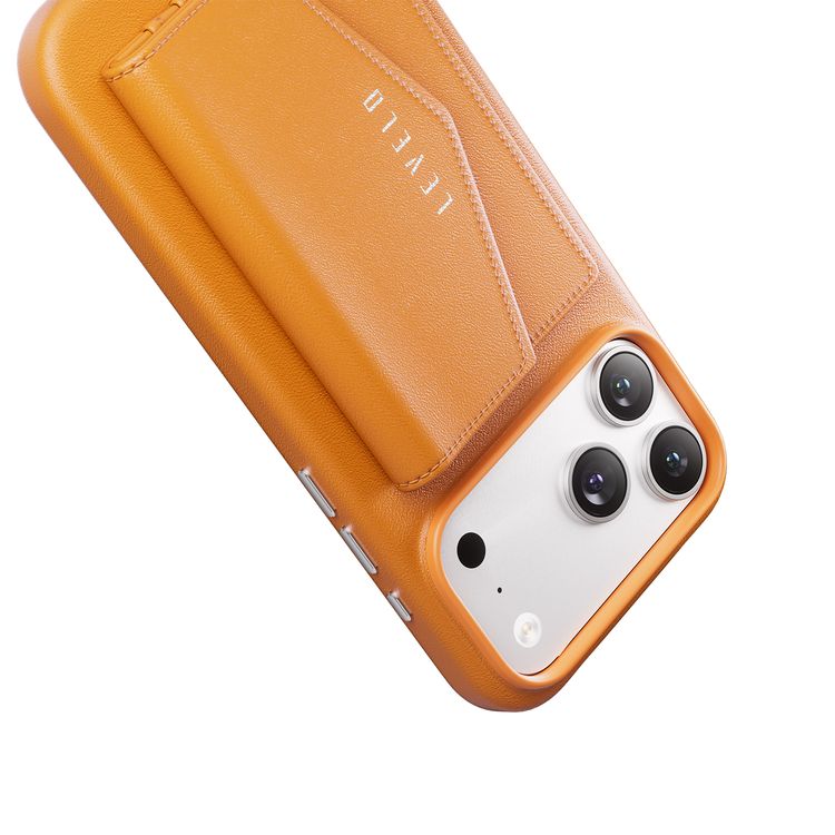 Levelo Vertex PU Leather Wallet Case for iPhone 17 Pro Max, Shock-Resistant Bumper, Raised Bezels for Camera & Screen, MagSafe Compatible, Drop-Tested, Full-Wrap Leather Build, Detachable Magnetic Wallet - Orange