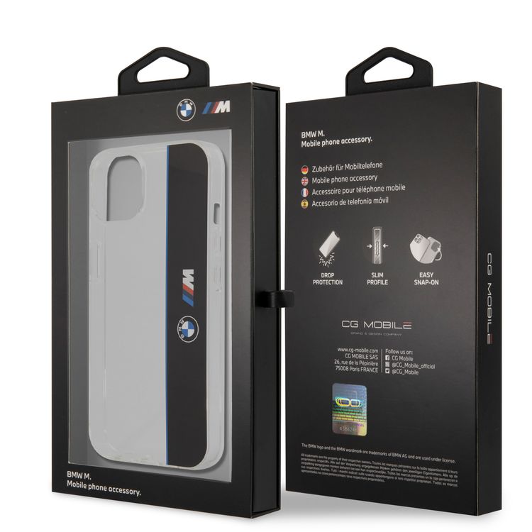 CG MOBILE BMW M Collection PC/TPU Hard Case Vertical Blue Line & Black Stripe Compatible with iPhone 13 (6.1") Suitable with Wireless Chargers Officially Licensed Transparent